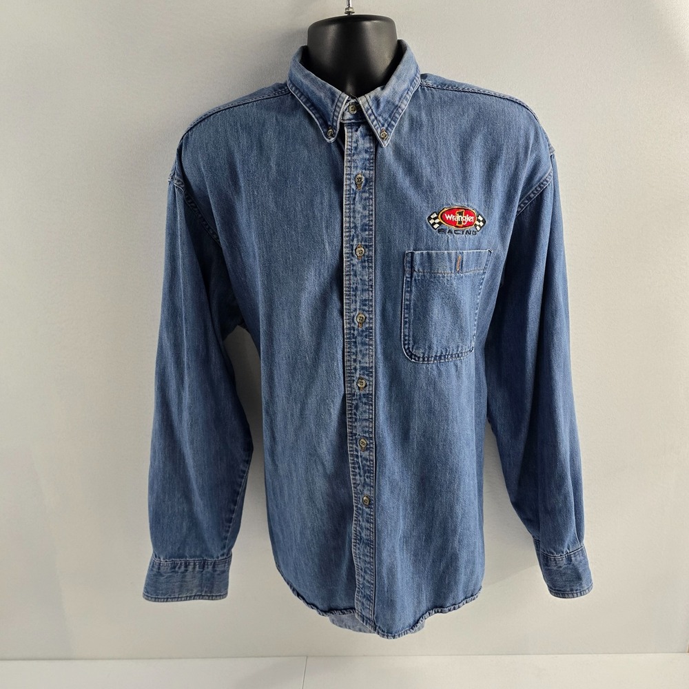 VTG Wrangler 1 Racing western series denim button down shirt blue XL/2XL